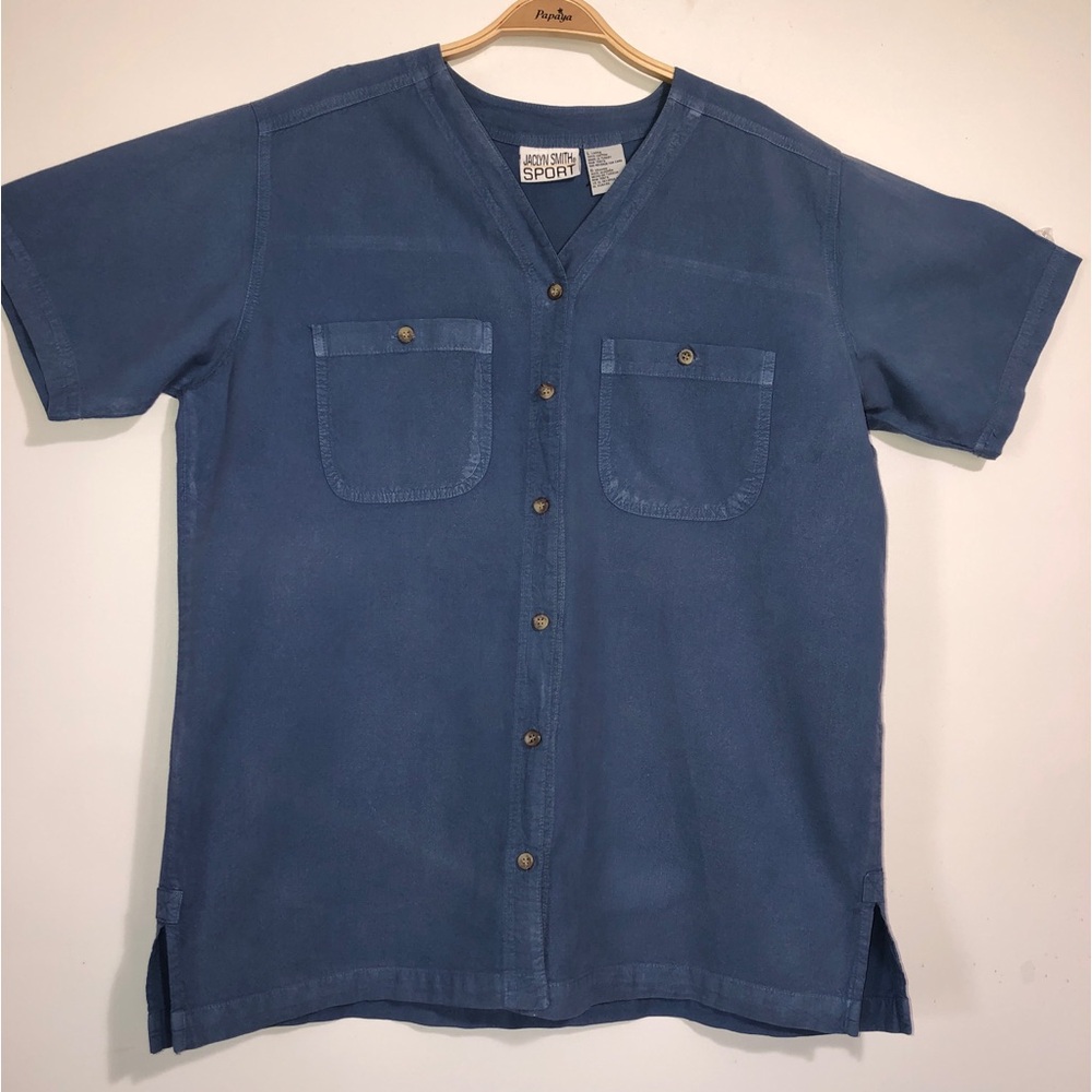 VINTAGEB Jaclyn Smith blue Sport Top Women's SZ L Y2K button up front pockets